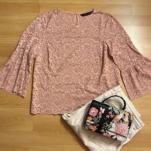 Zara Pink Lace Top with quarter length bell sleeves size small